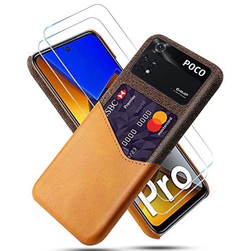 GMUJIAO Hülle für Xiaomi Poco M4 Pro,Wallet Handytasche,Handyhülle mit Kartenfach,Handy Kartenhalter mit 2 Gehärtetem Glas Bildschirmschutz [Ultradünn]-Braun von GMUJIAO