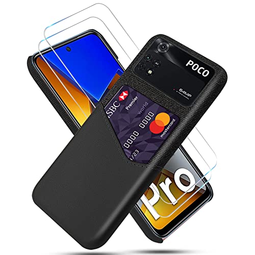 GMUJIAO Hülle für Xiaomi Poco M4 Pro,Wallet Handytasche,Handyhülle mit Kartenfach,Handy Kartenhalter mit 2 Gehärtetem Glas Bildschirmschutz [Ultradünn]-Schwarz von GMUJIAO
