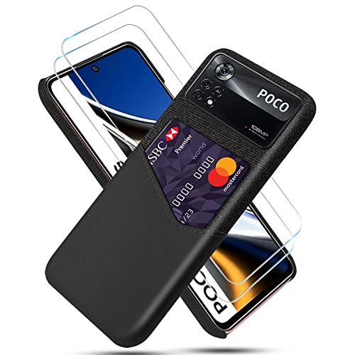 GMUJIAO Hülle für Xiaomi Poco X4 Pro 5G,Wallet Handytasche,Handyhülle mit Kartenfach,Handy Kartenhalter mit 2 Gehärtetem Glas Bildschirmschutz [Ultradünn]-Schwarz von GMUJIAO