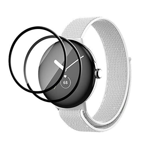 GMUJIAO kompatibel mit Google Pixel Watch 2 für Armband,Nylon Armbänder Uhrenarmband + 2 Pack Displayschutzfolie,Nylon Geflochtene Armband Compatible with Google Pixel Watch 2[Anti Scratch]-Weiß von GMUJIAO