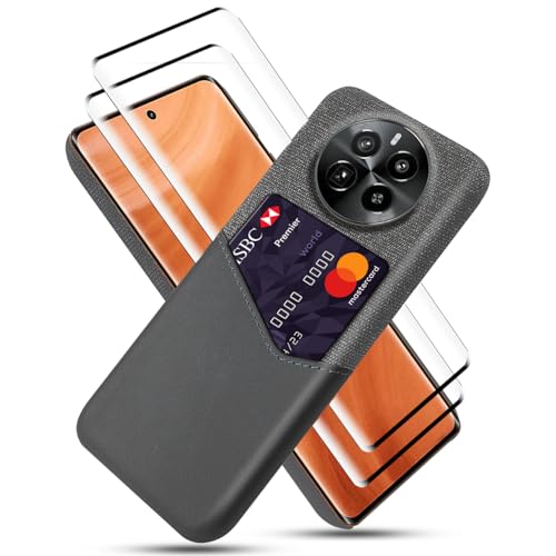 GMUJIAO kompatibel mit Realme GT5 Pro für Hülle,Wallet Handytasche,Handyhülle mit Kartenfach,Handy Kartenhalter mit 2 Gehärtetem Glas Bildschirmschutz [Ultradünn]-Grau von GMUJIAO