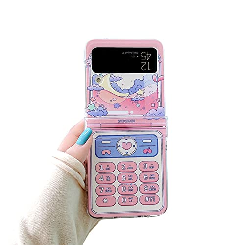 GO-VOLMON Schutzhülle für Samsung Galaxy Z Flip 4, Retro-Telefondruck, Kawaii-Mond- und Liebesherz-Schutzhülle für Z Flip 4, niedliche Mädchenhülle für Galaxy Z Flip 4 (rosa Handy) von GO-VOLMON