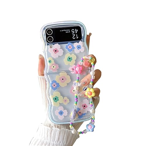 Gelb Rosa Blume Hülle für Galaxy Z Flip 4 Niedliche Perlen Band, Kawaii Floral Handyhülle für Samsung Z Flip 4 Schöne Lanyards, Curly Wave Rahmen Weiche TPU Schutzhülle für Z Flip 4 von GO-VOLMON