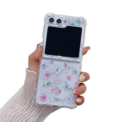 Lovely Flower Case for Samsung Galaxy Z Flip 5 Glitter Shiny Cover, Woman Case for Galaxy Z Flip 5 Pink Floral Print, Cute Butterfly Case for Z Flip 5 Clear Shockproof Girly Style (Flower F) von GO-VOLMON