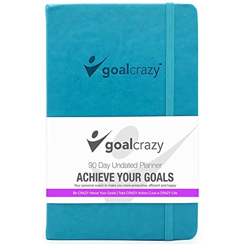 Goal Crazy Undatierter Planer - 90 Tage Guided Journal, 2023 2024 Wochenorganisation, Produktivitätsgewohnheitstracker, inspirierend, Life Setting, Türkis, Hellblaues Leder, Mandelseiten von GOAL CRAZY