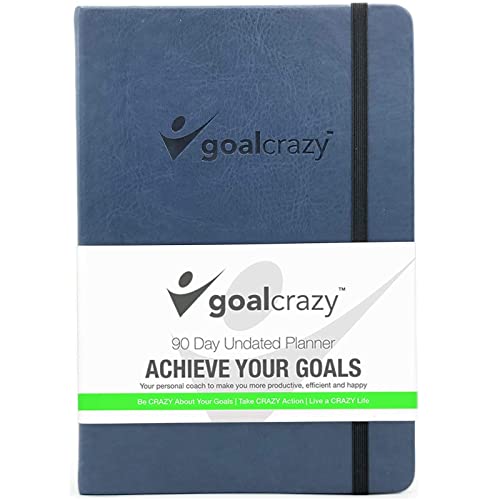 Goal Crazy Undatierter Planer – 90 Tage geführtes Tagebuch, 2022 2023 wöchentliche Organisation, Produktivitäts-Habit-Tracker, Inspirierend, Lebenseinstellung, marineblaues Leder, Mandelseiten von GOAL CRAZY