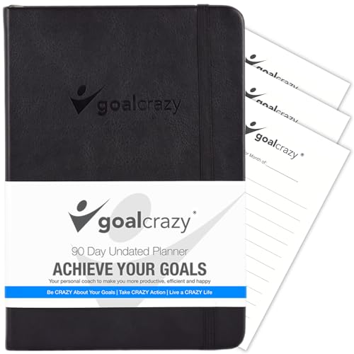 Goal Crazy Undatierter Tagesplaner – 90 Tage A5 Tagebuch 2023, Planer Tagebuch für geschäftige Zeitpläne, Produktivitätsgewohnheiten-Tracker, inspirierender Tagesplaner, Mandelseiten (schwarz) von GOAL CRAZY