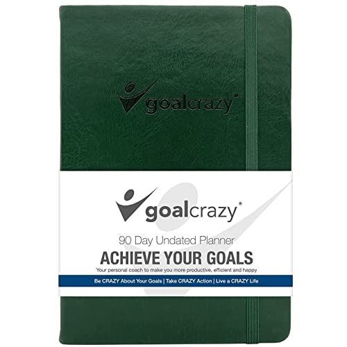 Goal Crazy Undatierter Tagesplaner – 90 Tage A5 Tagebuch 2023, Planer Terminkalender für geschäftige Zeitpläne, Produktivitätsgewohnheitstracker, inspirierender Tagesplaner, Mandelseiten (Waldgrün) von GOAL CRAZY