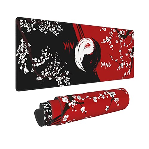 Japanische Kirschblüten-Mauspad, schwarz, rot, Gaming-Mauspad, 80x20x0.32 cm, extra großes Tastatur-Mauspad, XL, rutschfeste Gummiunterseite, Büro, Laptop von GOCGRV