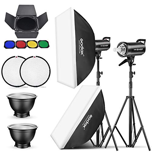 2 Pack Godox SK400II Studioblitz Strobe Bowens Mount Kit für Studioaufnahmen,Video und Portraitfotografie mit Softbox Lichtstativ Scheunentor Reflektor von GODOX