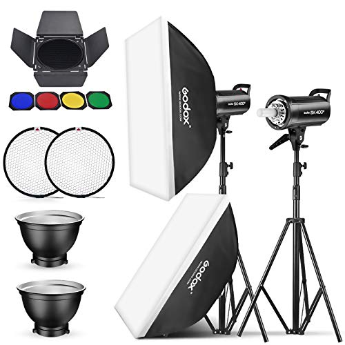 2 Pack Godox SK400II Studioblitz Strobe Bowens Mount Kit für Studioaufnahmen,Video und Portraitfotografie mit Softbox Lichtstativ Scheunentor Reflektor von Godox