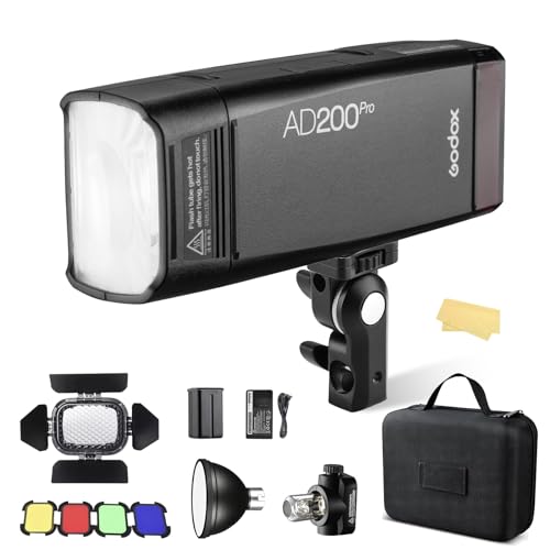 BlitzgeräteGodox AD200Pro AD200 Pro 200Ws 2.4G TTL 1/8000 HSS Blitzgerät Speedlite Monolight mit BD-07 Barn Door Honeycomb Grid 4 Farbfilter Kit und AD-S2 Standard Reflektor (AD200 Upgrade Version) von GODOX