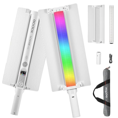 GODOX LC500R Mini 20 W RGB-Hand-Videoleuchte, 2500K–8500K LED-Fotolicht, CRI≥95, 15 FX-Effekte unterstützt kabellose Fernbedienung mit Barndoor-Griff und Tragetasche für Außenaufnahmen (Weiß) von Godox
