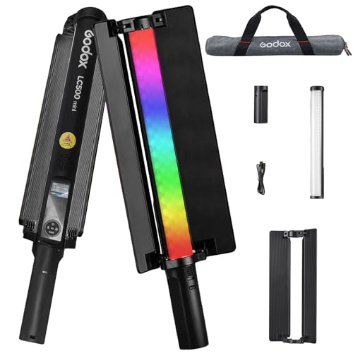 GODOX LC500R Mini 20 W RGB-LED-Videoleuchte,2500 K–8500 K CRI≥95 mit 15 FX-Effekte LED-Licht Eingebauter 2470 mAh-Akku, APP-Steuerung mit Barndoor, Griff und Tragetasche von GODOX