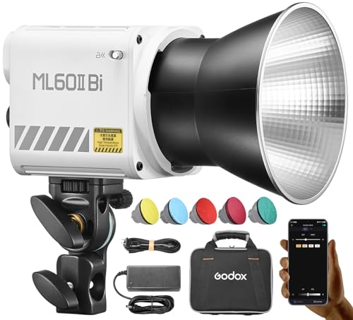 GODOX ML60II Bi 70 W LED Videoleuchte, zweifarbige COB Studiolicht, 2800 K–6500 K, CRI ≥ 96, 11 Lichteffekte, 2,4 G Wireless, APP-Steuerung mit GODOX Halterung, Standardreflektor, Tragetasche von GODOX