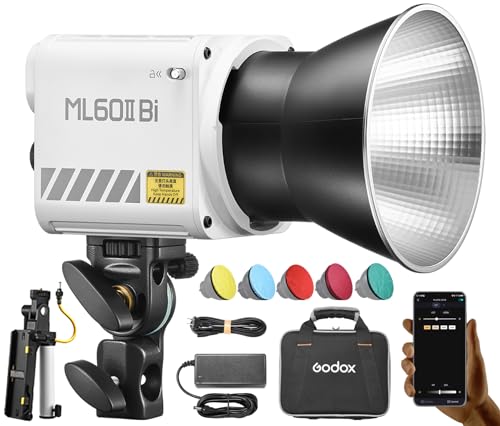GODOX ML60IIBi Kit 70 W COB LED-Licht-Set, Bi-Color Fotolicht, 2800 K–6500 K,CRI ≥ 96, 11 FX-Lichteffekten, GODOX-Halterung unterstützt BT-Verbindung mit Batteriegriff, Reflektor und 1/4-Adapter von GODOX