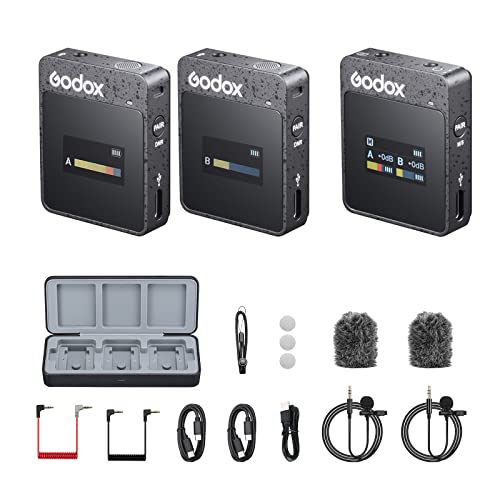 Godox MoveLink II M2 Drahtloses Mikrofonsystem (2 TX + 1 RX + Ladekoffer), 2.4G Wireless Noise Cancelling Lavalier-Mikrofon, 100m (328ft.), Kompatibel mit Android, Kameras, Interviewaufzeichnung von Godox