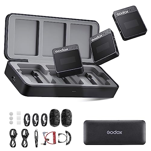 GODOX Movelink II M2 Lavalier Mikrofon Wireless,2.4GHz 100m Noise Cancelling Drahtloses Mikrofon (2 TX + 1 RX) mit Ladekoffer für Android,DSLR Kamera,Smartphone,Vlog,Streaming,Interview (Schwarz) von GODOX