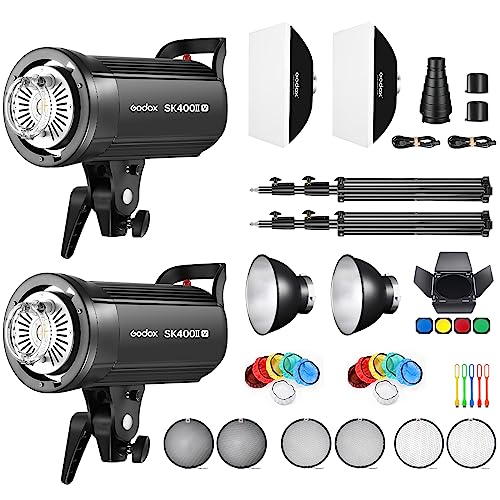 GODOX SK400IIV*2 Kit Professional Studio Strobe Flash LED Studioblitz Bowens Mount Dauerlicht Kit,400W,2.4G Wireless X System,5600±200K,Bowens Mount LED Modeling Lamp für Studio (SK400II Upgraded) von GODOX