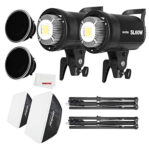 GODOX SL-60W LED Video Licht und 60 x 60 cm Softbox, Lichtständer, Wabenraster, kompatibel für Filmstudio, Fotostudio, 2 Stück von Godox