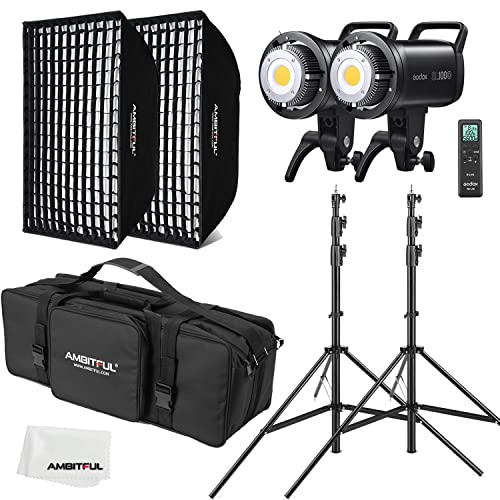 GODOX SL100D 2X 100W LED-Videoleuchte + AMBITFUL 60 x 90 cm Softbox, Lichtstativ, Wabengitter, Mit Fernbedienung Geeignet für Filmstudios, Fotostudios von Godox
