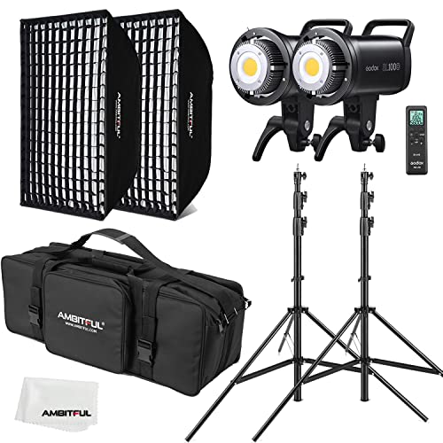 GODOX SL100D 2X 100W LED-Videoleuchte + AMBITFUL 60 x 90 cm Softbox, Lichtstativ, Wabengitter, Mit Fernbedienung Geeignet für Filmstudios, Fotostudios von GODOX