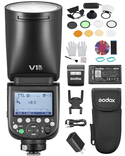 GODOX V1PRO F Blitzgeräte kabelloser Kamerablitz +AK-R1 Kit +24 Stück Rundkopfblitzgels 1/8000 s HSS, M/TTL-Blitzmodus 1,3 s Wiederaufladezeit unterstützt Typ-C-Stromversorgung für FUJIFILM Kameras von GODOX
