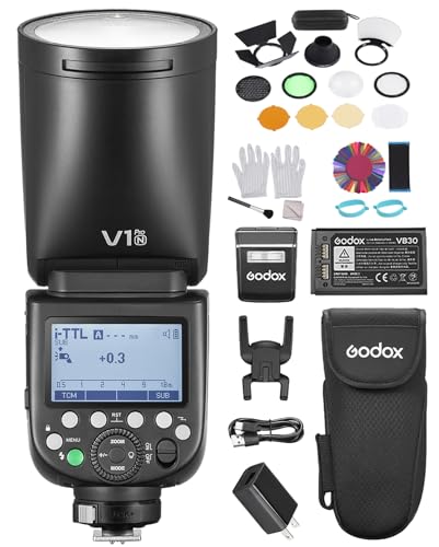 GODOX V1PRO N kabellose Blitzgeräte+AK-R1 Kit+24 Stück Rundkopf-Kamerablitzgels 1/8000 s HSS, M/TTL-Blitzmodus 1,3 s Wiederaufladezeit unterstützt Typ-C-Stromversorgung kompatibel mit Nikon Kameras von GODOX