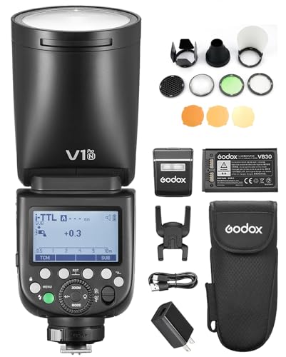 GODOX V1PRO N kabellose Blitzgeräte+AK-R1 Kit+24 Stück Rundkopf-Kamerablitzgels 1/8000 s HSS, M/TTL-Blitzmodus 1,3 s Wiederaufladezeit unterstützt Typ-C-Stromversorgung kompatibel mit Nikon Kameras von GODOX