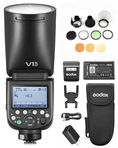 GODOX V1PRO O 2.4G Wireless Kamerablitz Blitzgeräte+AK-R1 Kit +24 Stück Blitzgels 1/8000 s HSS, M/TTL-Blitzmodus 1,3 s Wiederaufladezeit unterstützt Typ-C-Stromversorgung für OM System Kamera von GODOX