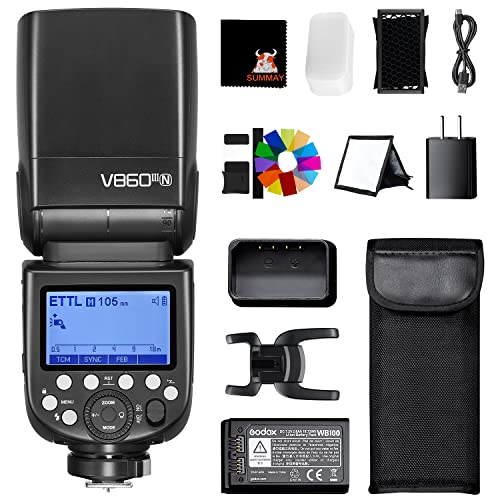 GODOX V860III-N Kamerablitz Speedlite Kit 1/8000s HSS 10 Stufen Einstelllicht Schnellverschluss 2600mAh Akku 1,5s Ladezeit GN60 Blitzgerät für Nikon D3400 D5300 D7000 D750(V860III-N) von Godox