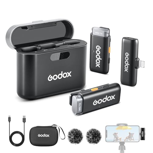 GODOX WES1 Kit2 Kabelloses Lavalier-Mikrofon für iPhone/Lightning,8 Stunden Akkulaufzeit, Zweikanal-2,4-G-Funkmikrofon, 200 m Reichweite, Geräuschunterdrückung mit Ladeetui für Vlogging, TikTok von GODOX