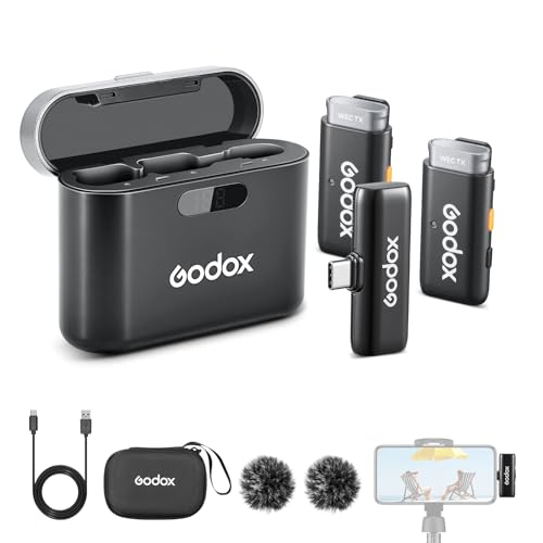 GODOX WES2 Kit2 Kabelloses Lavalier-Mikrofon für Android/USB C, 8H Akkulaufzeit, Dual Channel 2.4G Wireless Mic, 200m Reichweite, Geräuschunterdrückung mit Ladehülle für Vlogging, TikTok, Interview von GODOX