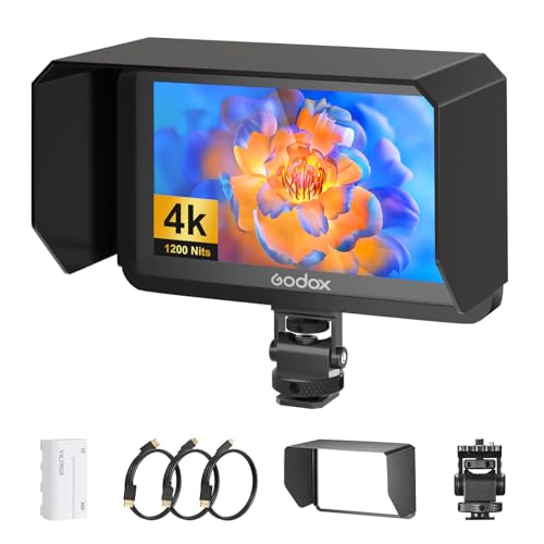 Godox GM6S 5,5 Inch Touch-Steuerung 4k Monitor mit Batterie 1200nit DSLR Kamera Field Monitor HDMI 1920x1080 IPS 3D LUT Typ-C mit NP-F550 Akku mit NP-F550 Akku mit Sonnenblende für Sony Canon Nikon von GODOX