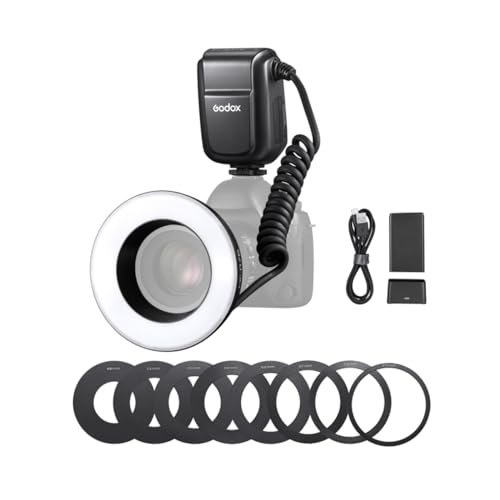 Godox MF-R76 Macro Ring Blitzlicht GN14 10 Stufen einstellbare Helligkeit mit 8 Stück Adapterring Große Kapazität Batterie Ersatz für Canon Nikon Sony Fuji Olympus Panasonic Pentax DSLR Kamera von GODOX