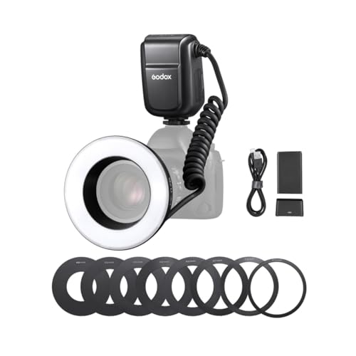 Godox MF-R76 Macro Ring Blitzlicht GN14 10 Stufen einstellbare Helligkeit mit 8 Stück Adapterring Große Kapazität Batterie Ersatz für Canon Nikon Sony Fuji Olympus Panasonic Pentax DSLR Kamera von Godox
