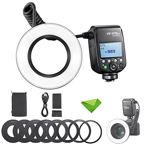 Godox MF-R76N TTL-Makro-Ringblitz 76 Ws HSS 2,4 G kabellos GN14 CCT 5900 K 550 Blitze mit voller Leistung, 0,1–1 s Wiederaufbereitungszeit, Dual-Blitzröhren-Blitzgerät für Nikon-Kameras von Godox