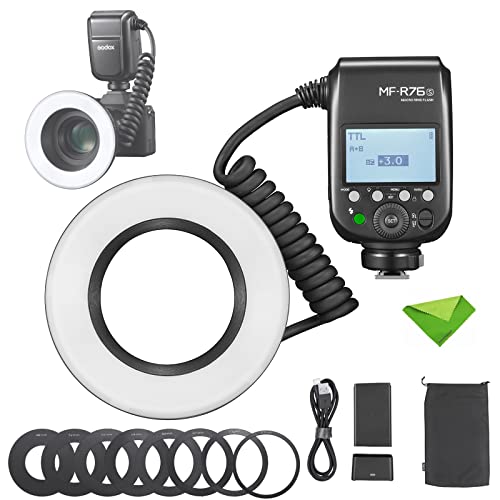 Godox MF-R76S TTL-Makro-Ringblitz 76 Ws HSS 2,4 G Wireless GN14 CCT 5900 K 550 Blitze mit voller Leistung, 0,1–1 s Wiederaufbereitungszeit, Dual-Blitzröhren-Blitzgerät für Sony-Kameras von Godox