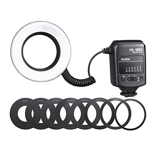 Godox ML-150II Universal-Makro-Ring-Blitzlicht 11 Helligkeitsstufen 5800 K ± 200 K GN12 Fast Recycle 1/200s-1/5000s Blitzdauer mit 8 Stück Adapterringen für Canon Nikon Sony DSLR-Kamera von GODOX