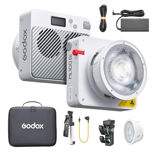 Godox ML100Bi Kit2 120 W Zweifarbige LED-Videoleuchte, 2800 K-6500 K, CRI97+, TLCI98+, APP-Steuerung, 11 Lichteffekte, Godox-Halterung mit 15° und 36° Linsenreflektor und V-Mount-Akku-Zubehör-Kit von Godox