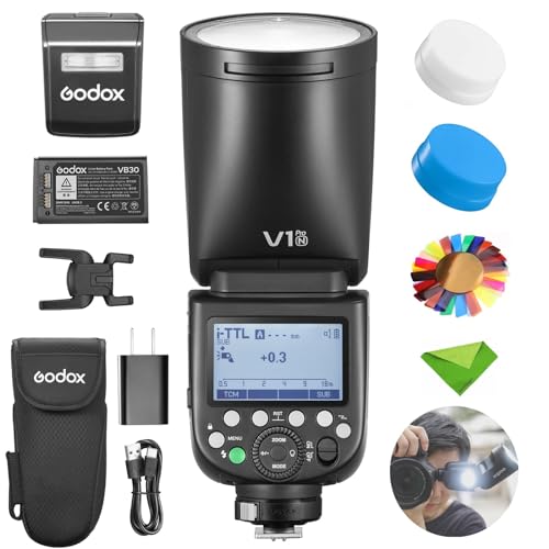 Godox V1 V1Pro N Blitzgerät für Nikon-Kamera-Blitzgerät, 1/8000 HSS 500 Blitze mit voller Leistung, 1,3 s Ladezeit, 2,4 G Wireless mit externem Blitz SU-1 (Godox V1-N aktualisiert, V1Pro-N) von GODOX