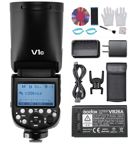 Godox V1C Rundkopf Kamerablitz, Blitzgerät 2.4G Wireless 1/8000S HSS mit 2600mAh Lithiumbatterie+24 Stück Rundkopf-Kamera-Blitzgele für Canon EOS Serie Kamera von GODOX