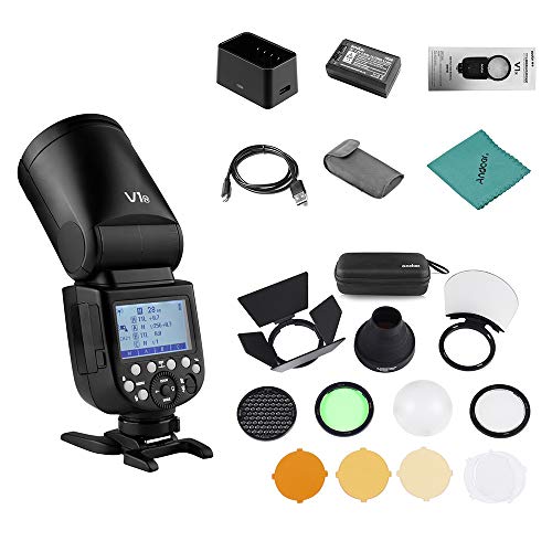 Godox V1N Professionelles Blitzgerät Speedlite Kompatibel mit Nikon D5300 D750 D850 D7100 Z7Kameras Rundkopf Wireless 2,4G Fresnel Zoom + Godox AK-R1 Taschenblitz-Zubehörset von GODOX