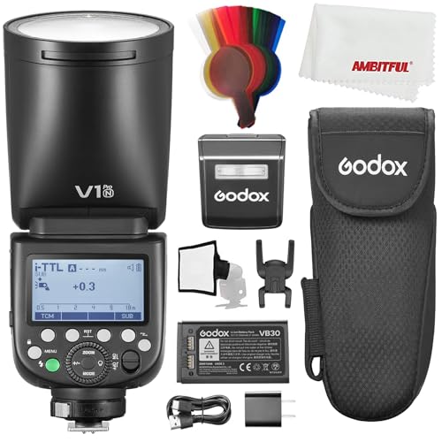 Godox V1PRO-N V1 Pro TTL Runde Kopf Kamera Blitz für Nikon, 76Ws HSS 1/8000s, eingebaute Lithium Batterie, LED Modellierungslampe, Innovative Externe Blitz SU-1 von GODOX