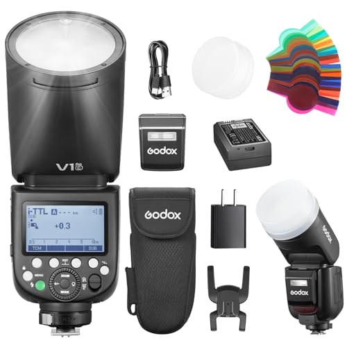 Godox V1Pro C Flash TTL Runde Kopf Kamera Speedlite 76Ws HSS 1/8000s 2980mAh Lithium Batterie LED Modellierungslampe Externe Blitz,V1-C (2024) SU-1 M/TTL-Blitzmodus für Canon von GODOX