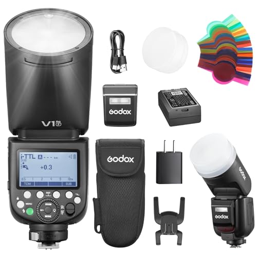 Godox V1Pro F Flash TTL Runde Kopf Kamera Speedlite 76Ws HSS 1/8000s 2980mAh Lithium Batterie LED Modellierungslampe Externe Blitz, V1-F (2024) SU-1 M/TTL-Blitzmodus für Fuji von GODOX