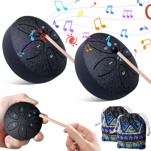 GOEDCH 2 Pack Mini Steel Tongue Drum: 3 Zoll Stahlzungen 6 Töne Zungentrommel mit Stofftasche, Musikbuch und Schlägeln, Regentrommel Stahlzungentrommel für Meditation Yoga Klangheilung von GOEDCH
