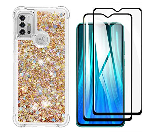 GOGME Hülle für Motorola Moto G30 Hülle + 2 Panzerglas, Handyhülle Motorola Moto G30 Glitzer Flüssig Treibsand Weich TPU Bumper Silikon Ultra Dünn Stoßfeste Schutzhülle, Golden von GOGME