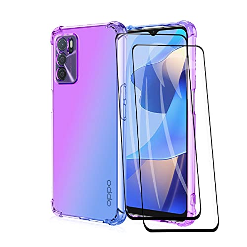 GOGME Hülle für Oppo A16 / A16s / A54s Handyhülle + 2 Panzerglas, [Ecken Verstärken] Weiche Transparent Silikon Soft TPU Case Schock-Absorption Schutzhülle (Lila/Blau) von GOGME