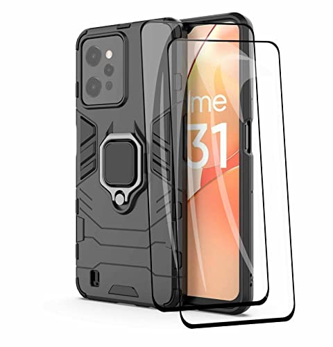 GOGME Hülle für Realme C31 4G (6.5") + 2 Panzerglas Schutzfolie, Handyhülle mit 360 Grad Finger-Halter Kickstand, Silica TPU + Harter PC Schutzhülle Case Cover. Schwarz von GOGME